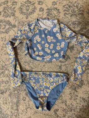 Roxy Girls' Blue Daisy Long-Sleeve Rashguard Bikini Set